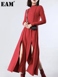 Women Red Vent Split Joint Long Temperament Dress New Turtleneck Long Sleeve Loose Fit Fashion Spring Summer 2023