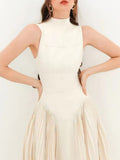Elegant Pleated Dresses For Women Stand Collar Sleeveless High Waist Tunic Solid Slimming Dress Femlae Summer