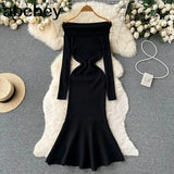 Neck Solid Sexy Sweater Dress 2022 Women Mermaid Long Sleeve Maxi Long Dress Autumn Streetwear Knitted Bodycon
