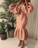 Commute Plus Size Women's Fashion Solid Color V-neck Bubble Long Sleeve Fishtail