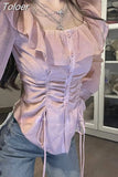 Blouses Women Square Collar Slim Waist Shirts Sweet Ruffles Drawstring Korean Blouse Crop Tops 2023 Blusas Mujer De