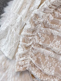 Summer Sexy Floral Lace Mini Party Dress Women Sweet Square Collar Hollow Out Flare Sleeve Empire Ruched Bodycon Club
