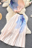 Print Women T Shirt Suit Top + Midi Long Large Swing Pleated Skirt Set For Woman Summer Clothing fashion Two Piece