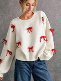 Red Bow Decoration Loose Round Collar Collar Sweater Autumn