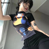 Korean Fashion Graphic T Shirts Hollow Out Short Sleeve Tshirts Slim Grunge Chic Irregular Tops Japanese Streetwear