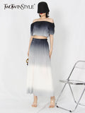 TWOTWINSTYLE Ombre Summer Two Piece Set Womens Slash Neck Short Sleeve Tops High Waist Midi Skirts Colorblock Sets Female