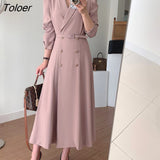 Elegant White Dress Women 2023 Spring Double Breasted Notched Neck Vestido Dress Female Long-sleeve Women Clothing