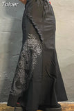 Gothic Mermaid Skirt Long Women Vintage Chinese Dragon Print High Waist Lace Up Slim Goth Black Maxi Skirt