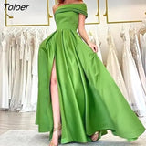 Green High Split Sexy Lady Club Party Long Floor Skirts Vestidos Dresses Night One Shoulder Satin Dress Evening