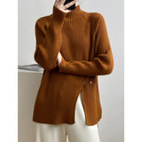 Women's Roll Collar Mock Slit Hems Striped Pit Relax Fit Sweater Winter Solid Color Pulls Casual