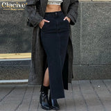 Vintage Black Denim Skirts Woman Fashion Elegant High Waist Office Lady Long Skirts Casual Slit Skirt Female