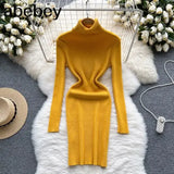 Sheath Women Dress Fashion Turtleneck Long Sleeve A Line Bodycon Dress Female Solid Streetwear Knitted