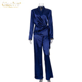 Balck Casual Satin Women Sets Autumn Long Sleeve Blazers With Wide Leg Pants Set Elegant Lace-Up 2 Piece Trousers