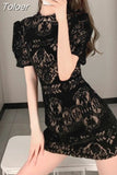 Temperament Robe Femme Vintage Slim Sexy Chic Woman Dress O-neck Short Sleeve Lace Black Vestido Femme Bodycon Mini