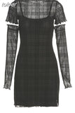 Black Mesh Plaid Dress 3 Piece Set Dark Academia Mall Goth Sexy Bodycon Mini Dress Egirl Style Clothes