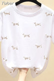 Fashion Ins Puppy Hot Rhinestone Loose T-shirt Women 2023 Summer Short Sleeve O-Neck White Cotton Tshirt Tops