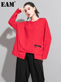 Women Red Irregular Split Joint Big Size T-shirt New Round Neck Long Sleeve Fashion Tide Spring Autumn 2023