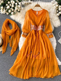 VAREY LIN New Summer Holiday Style Dress Women Casual V-neck Embroidery Girdle Dress Lady Fashion A-line Long