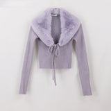 Female Long Sleeve Outerwear Chic Tops Women Fashion Patchwork Faux Fur Knitted Cardigan Sweater Vintage With