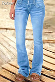 Waist Flared Jeans Women Button Casual Straight Leg Pants New 2023 Summer Pocket Hole Female Loose Office Lady Slim