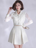 Autumn Tweed 2 Piece Outfits Suits Women Sexy Short Cropped Tops Coat Blazer Suit Pleated High Waist Mini Skirt Mujer
