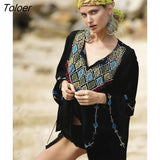 Women T-Shirt Top Sexy Long Sleeve Boho Embroidery Tassel V-neck Hippie Chic Loose Blusas Feminino Tops 2023