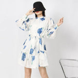 TWOTWINSTYLE Loose Mini Dress For Women Stand Collar Long Sleeve High Waist Print Floral Colorblock Dresses Female Clothing