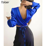 Sexy Blue Fashion Woman Blouse 2022 Autumn Lace Up Backless Crop Top Long Sleeve Wrap Top Elegant Satin O-Neck Shirt