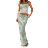 Piece Skirt Sets Womens Outfits Floral Print Sleeveless Crop Top Slim Fit Tube Tops and Long Skirt y2k Clothes Party