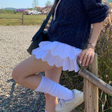Y2k White Mini Skirt Women Summer Korean Fashion Embroidered Double-layer Ruffle Fairycore Cute High Waist Skirt