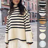 2021 Women Turtleneck Knitted Striped Sweater Autumn Winter New Clothes Ladies Korean Casual Loose Split Pullover Top