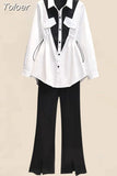 Pleated Waist Panel Chiffon Shirt Casual Wide Leg Pants Two Piece Elegant Women's Pants Set Summer