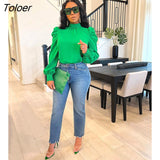 Solid Puff Sleeve Shirt Blouse Top Elegant Women Clothing Lace Up Long Sleeve OL Office Ladies Blouse Green