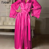 Womens Nightdress Sexy Long Lace Lingerie Nightwear Bath Robe Gown Imitation Ice Silk Nightdress Solid Color