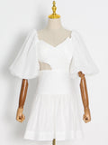 White Mini Dress For Women V Neck Short Sleeve Cut Out Solid Minimalist Dresses Female Fashion Clothing Summer