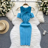 Summer Knitted Midi Dress Women Elastic Waist Bodycon Sundress 2022 Ladies Fashion knit Off the Shoulder Slim