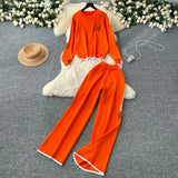 Letter Embroidered Knitted Shirt Long Sleeve Sweater High Waist Broad Leg Trousers Casual Sports Two-Piece Suit