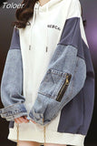 Vintage Women Hoodies Patchwork Pullovers Casual Streetwear Girls Letter Print Hooded Denim Splicing Tops Spring