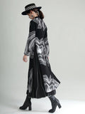 Women Black Ripple Printed Long Elehgant Dress New Stand Collar Long Sleeve Loose Fit Fashion Spring Autumn 2023