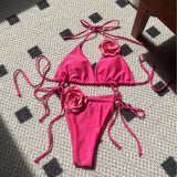 2024 European New Solid-Color Rose Drawstring Split Swimsuit
