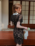Black Lace Dress Women Single-breasted Lapel Neck Elegant Vestido Dresses Lady Golden Button Hollow Out Hook Sexy