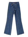 2023 Autumn New Women's Denim Flare Pants Botton Striped Zippers Slim High Waist Irregular Jeans Fashion Female Tide