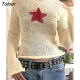 Casual Knitted Tops Star Patches Y2K Cutecore Clothes O Neck Long Sleeve Slim Fall Outfits Women T Shirt