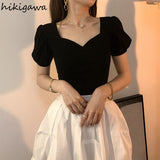 Temperament T Shirts Summer Woman Tshirts Square Collar Puff Sleeve Tunic Tees Tops Femme 2023 Shirts for Women Ropa