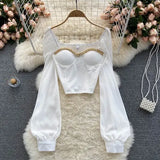 Women Black/White Sexy Blouse Female Elegant Square Collar Chain Decord Puff Long Sleeve Shirt Club Party Blusas 2021