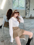 Pleated Micro Skirt Women Korean Fashion Casual Button Pocket Patchwork High Waist A-line Sexy Mini Skirt