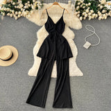Summer Women Sexy Two Piece Set Beach Criss-Cross V-Neck Spaghetti Strap Tops + Wide Leg Pants Red/Yellow/Purple Suits