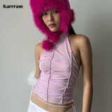 Korean Fashion Irregular Halter Tops Y2k Aesthetics Grunge Bandage Tank Tops Chic Folds Design Sleeveless Crop Tops