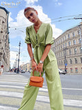 Summer Puff Sleeve Shirts Set Woman 2 Piece Casual High Waist Wide Trouser Suits Female Vintage Loose Green Pants