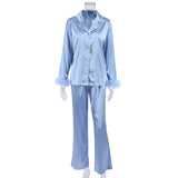 Wear Women Soft Feather Home Suit Button Up Top Slim Pants Two Piece Set 2022 Casual Pajama Elegant Lady Homewear